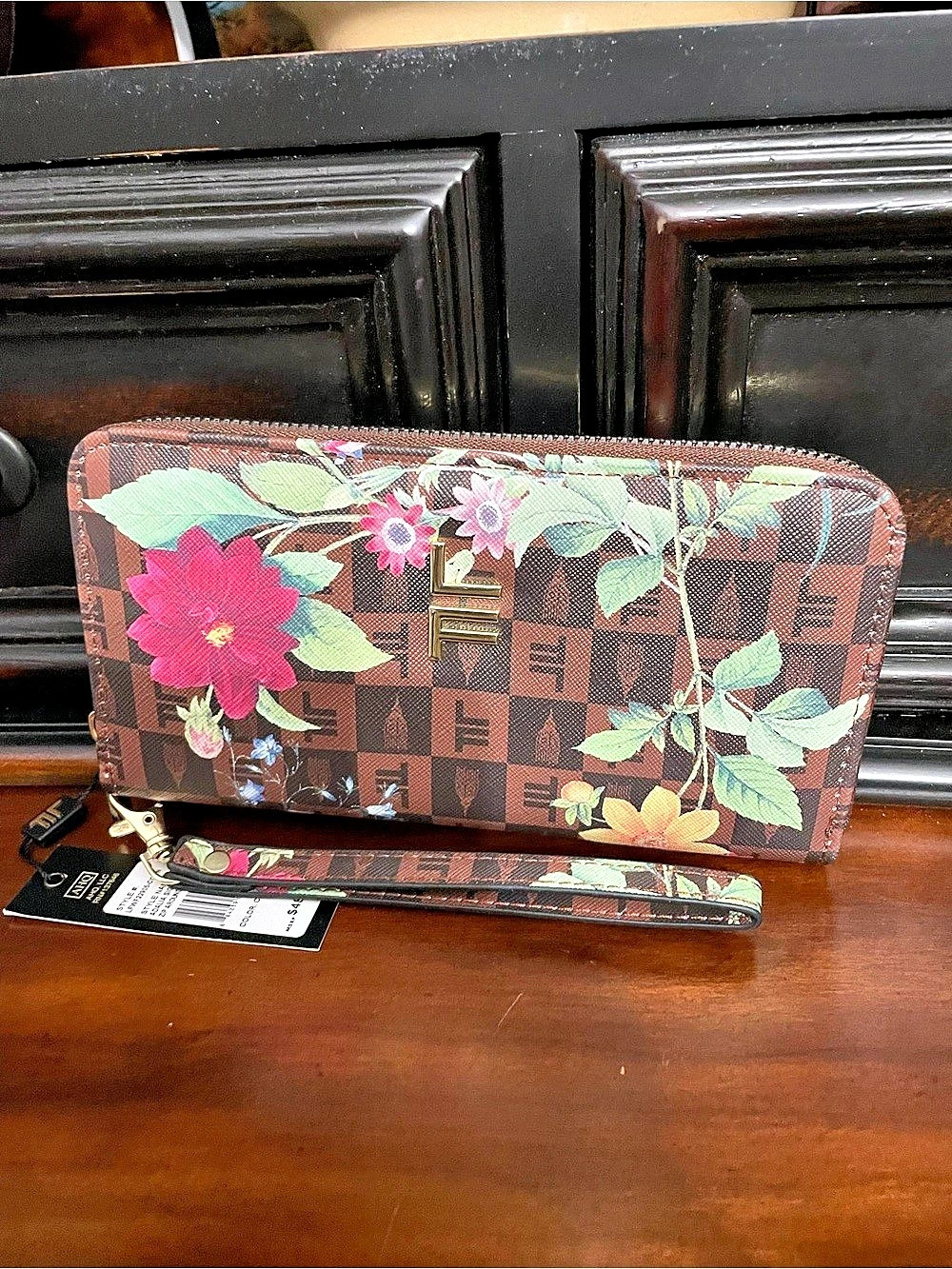 London Fog Floral Print Zip Around Wallet in Brown & Pink NWT